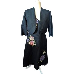 Vtg Designer Black Linen Dress Floral Embroidery & Jacket FairygrungeSz 10